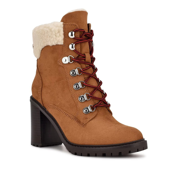 Nine West Shoes - Nine West Peer Sherpa Cuff Ankle Boot Dark Natural Suede Red Laces Size 8 NIB